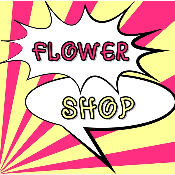 Text caption presenting Flower Shop, Business overview where cut flowers are sold with decorations for gifts