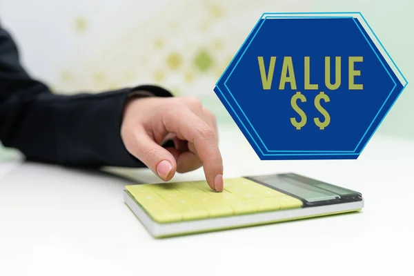 Text Sign Showing Value Dolar Business Approach Worth Process Currently — Stock Photo, Image