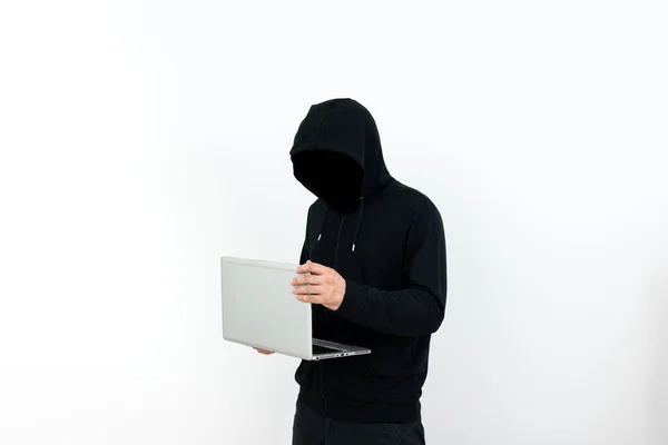 Man Standing With Laptop Presenting Cyber Security.