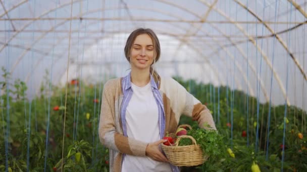 新鮮な収穫野菜と笑顔の幸せな農家の女性が温室でバスケットを保持 — ストック動画