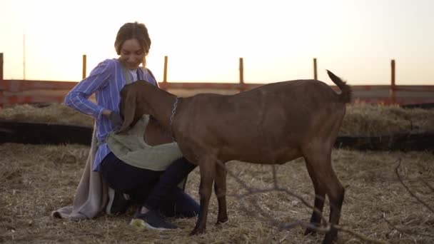 Happy woman strokes and feed from hands cute goat on local farm — Stock Video