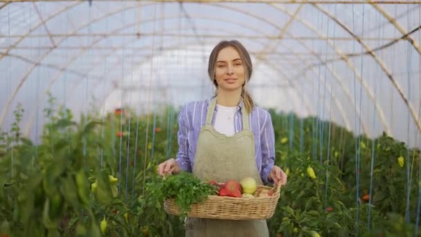 Šťastný zemědělec žena chůze s košíkem s čerstvou sklizenou zeleninou ve skleníku — Stock video