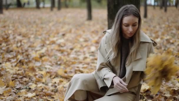 Een vrouw verzamelt gevallen gele bladeren in het herfstpark, slow motion — Stockvideo