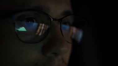 Traider gece çalışıyor, monitöre bakıyor, gözlüklerdeki yansımalar...