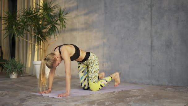Female coach yoga practicing yoga in loft studio — Stockvideo