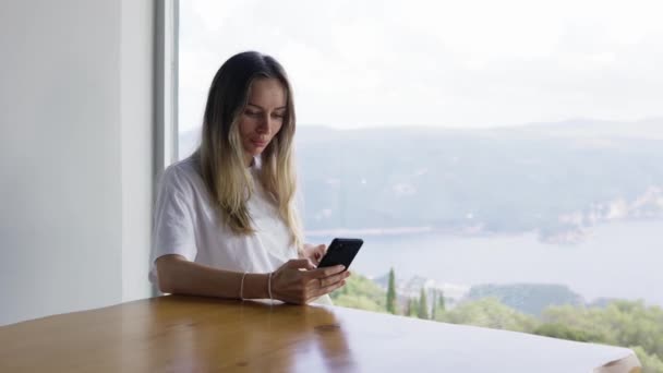 Dziewczyna surfing internet w telefonie podczas siedzenia z panoramicznym widokiem na okno — Wideo stockowe