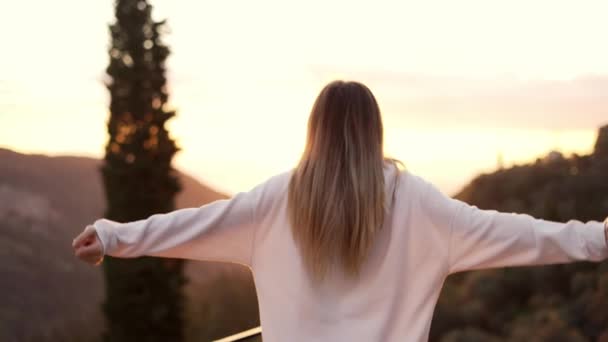 Boldog fiatal szőke nő élvezi a hegyi kilátást, backview — Stock videók