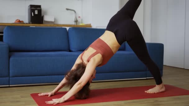 Vrouw die yoga beoefent - houding hond gezicht naar beneden met een verhoogd been — Stockvideo