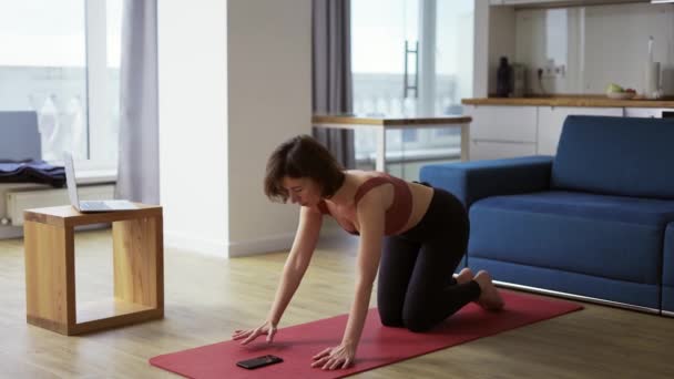 Jovem senhora desportiva ligando temporizador no smartphone e começar a fazer exercício prancha — Vídeo de Stock