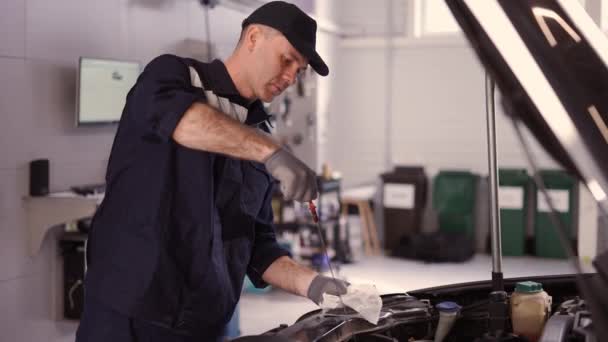 Автомеханик проверяет уровень масла в автомобильном двигателе в мастерской — стоковое видео
