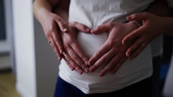 Milující mladý manžel a manželka, aby srdce znamení objímání těhotné břicho doma — Stock video