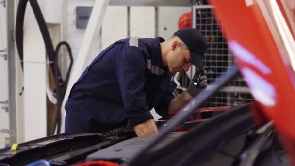 Car service εργαζόμενος εξετάζοντας μηχανή κάτω από κουκούλα με flashlighter στο χέρι, πλευρική άποψη — Αρχείο Βίντεο