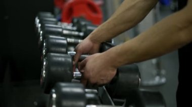 Erkek eli, spor salonundan dambıl alır. Spor ve aktif yaşam tarzı kavramı.