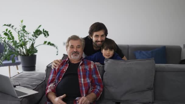 Portrait Happy Caucasian Three Generation Men Smiling Camera Home — Stockvideo