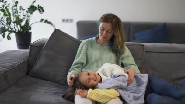 Mother Small Daughter Bonding Together Sofa — Stock Video