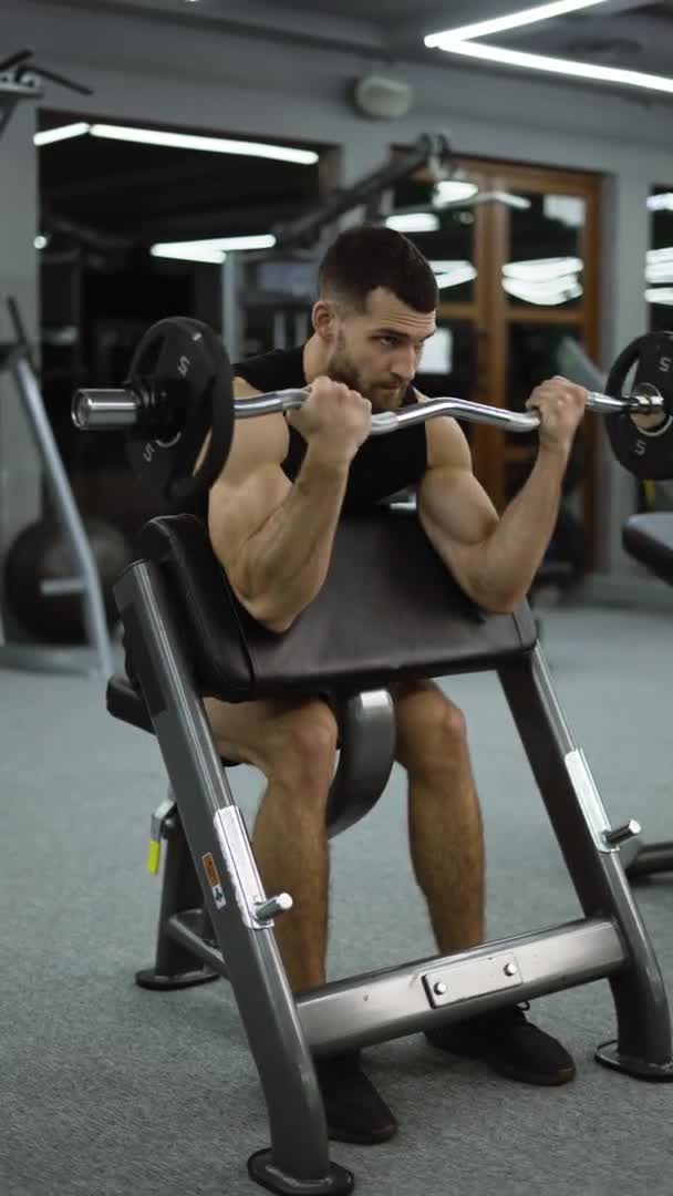 Handsome Bodybuilder Doing Weight Lifting Gym — Vídeos de Stock