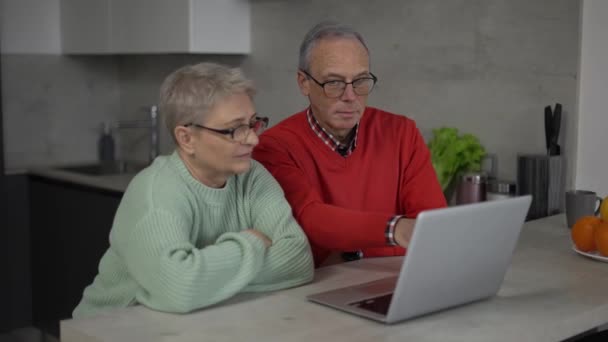 Sad Pensioners Looking Laptop Discussing Utility Bills Financial Problem Confusing — Stockvideo