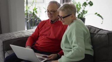 Mature couple looking at laptop, discussing news.