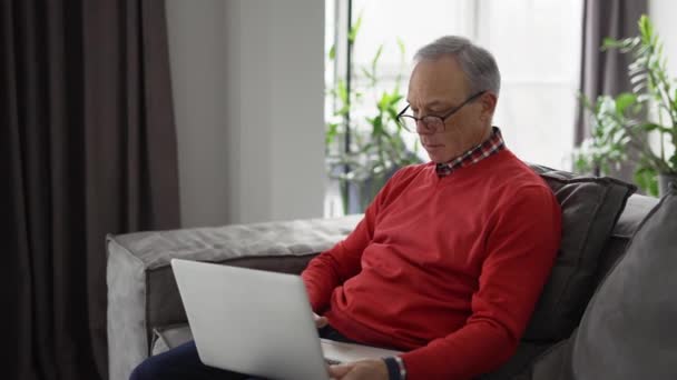 Old Man Enjoying Leisure Time While Using Laptop Sofa — Stok video