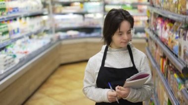 Woman with Down syndrome inspecting shelfs with goods in a grocery store using notebook.