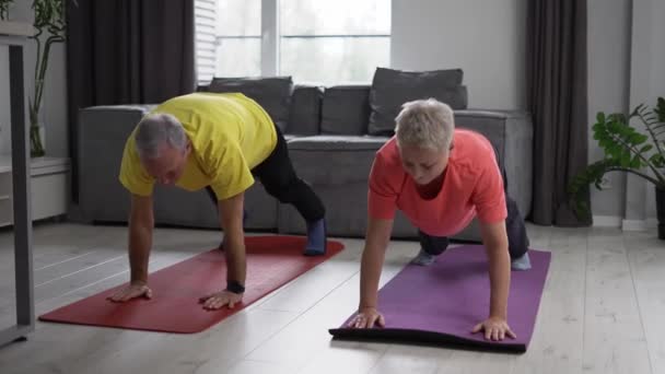 Eldery Couple Practicing Yoga Living Room Comfortable Modern Apartment — Vídeo de Stock