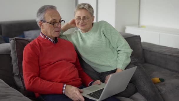 Mature Couple Looking Laptop Discussing News Sitting Sofa — Stok video