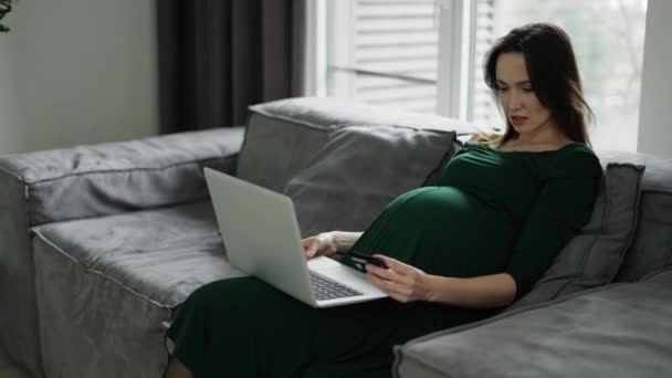 Pregnant Woman Using Credit Card Shopping Online Home — Videoclip de stoc