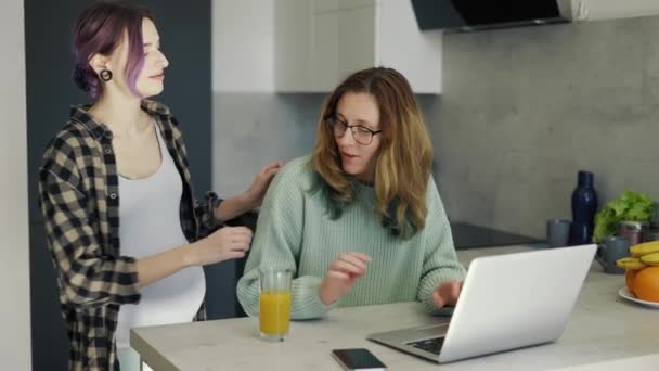 Pregnant Lesbian Woman Embracing Her Partner Kitchen — 图库视频影像