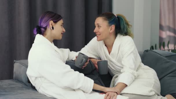 Happy Pregnant Woman Her Girlfriend Spending Time Together Home Bathrobe — Stock videók