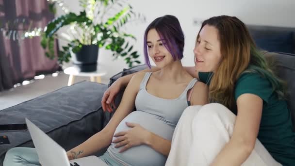 Happy Gay Pregnant Woman Using Laptop Computer Her Wife Sofa — Vídeo de Stock