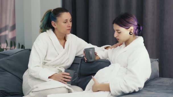 Young Pregnant Woman Her Girlfriend Spending Time Together Home Bathrobe — Wideo stockowe
