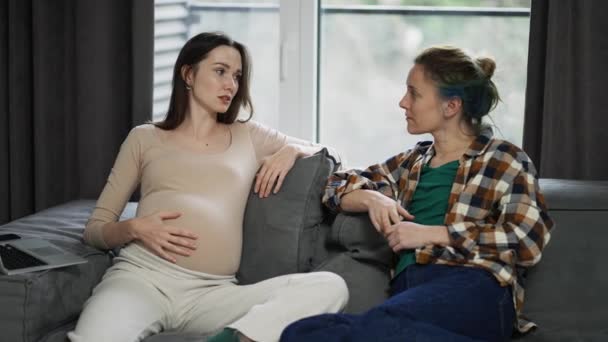 Woman Touching Pregnant Belly Talking Pregnancy Friend — Video Stock