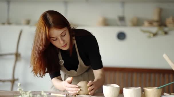 Girl Potter Forme Une Boule Partir Morceau Argile Sur Planche — Video