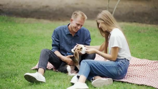 Een Jongen Met Een Meisje Een Picknick Brengt Tijd Door — Stockvideo