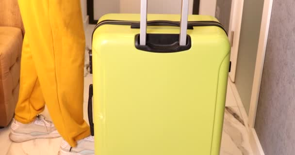 Cropped Shot Man Holding Yellow Suitcase Travel Concept — Stock Video