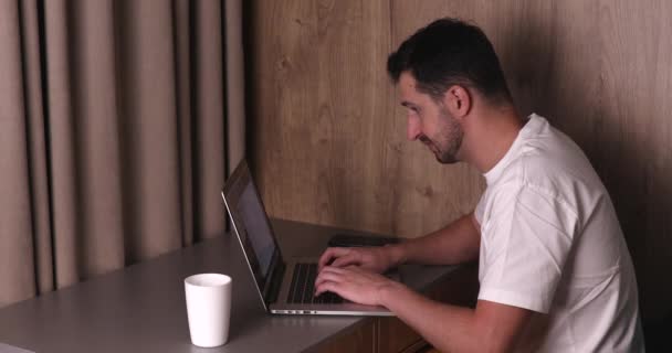 Side View Young Man Using Laptop Computer Rubbing Eyes Suffering — Stockvideo
