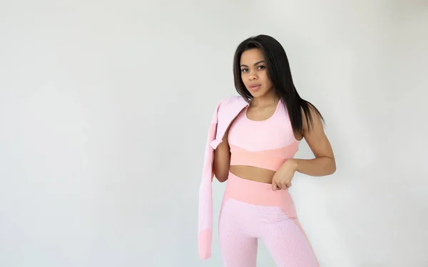 Attractive Young Fit African American Woman Pink Sportswear Looking Camera — Stock Photo, Image