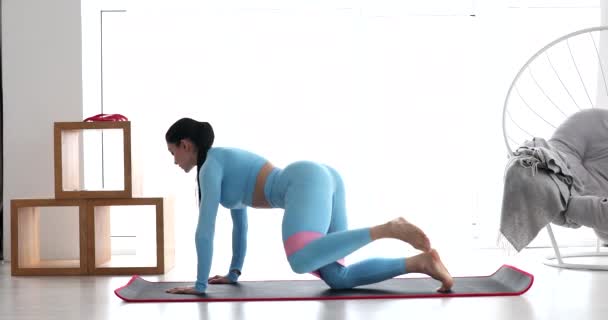 Atletyczna Młoda Kobieta Ćwicząca Elastyczną Opaską Wewnątrz Strona Główna Fitness — Wideo stockowe