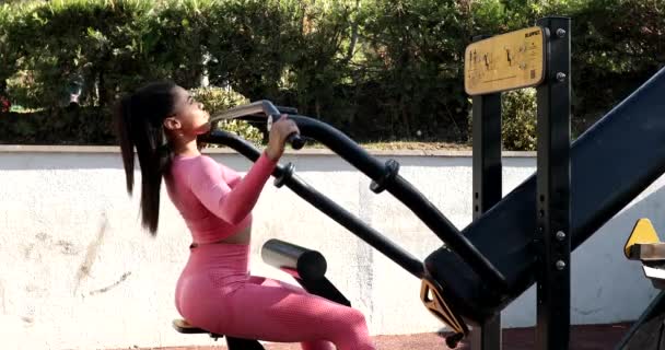 Young Woman Doing Exercises Her Fitness Equipment Park — Stock Video