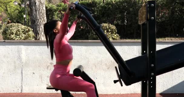 Молодая Женщина Делает Упражнения Тренажерами Парке — стоковое видео