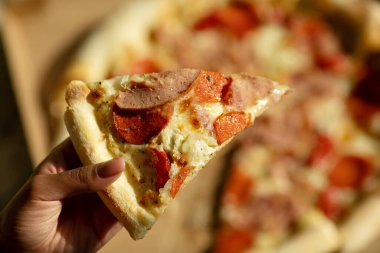 Jambonlu, peynirli ve salamlı lezzetli bir pizza. 