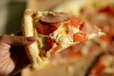 Jambonlu, peynirli ve salamlı lezzetli bir pizza. 