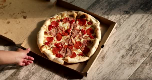 Pizzas Deliciosas Con Jamón Queso Salami — Vídeos de Stock