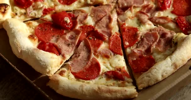 Hand Taking Piece Delicious Pizza Ham Cheese Salami — Wideo stockowe