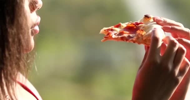 Woman Eating Pizza Street — Video