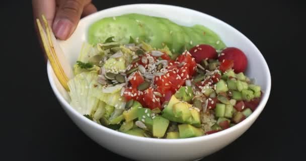 Poke Bowl Salmon Rice Avocado Edamame Beans Cucumber Radish White — Video