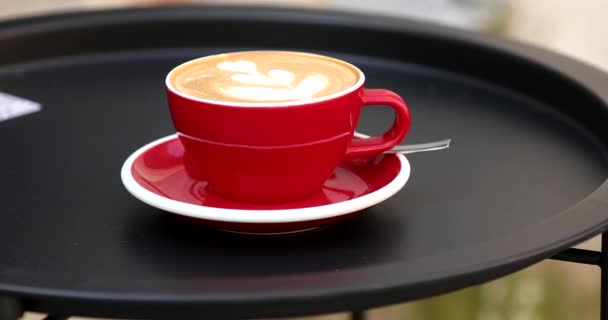 Red Cup Coffee Latte Art Black Table Place Text — Video Stock