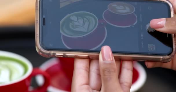 Woman Taking Pictures Fresh Latte Smartphone — стоковое видео