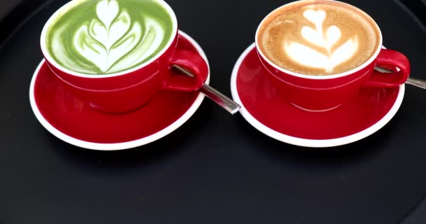 Red Cups Coffee Latte Art Black Table — Stock Video