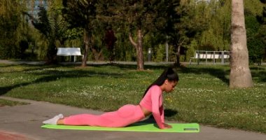 Genç, çok ırklı, pembe spor kıyafetleri, pantolon ve bluz giyen, parkta spor paspası, sağlık sigortası ve zihinsel terapi üzerine yoga egzersizleri yapan çekici bir kadın..